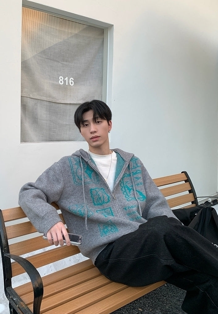 Hooded Zip Jacquard Knit Cardigan Sweater Jacket