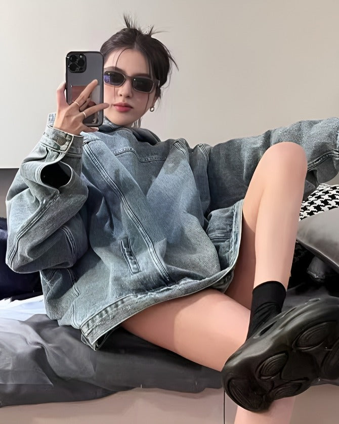 Blue Oversized Denim Hoodie