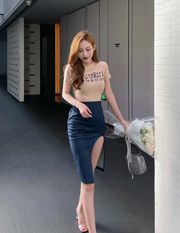 Beige Number Slim Fit T-Shirt
