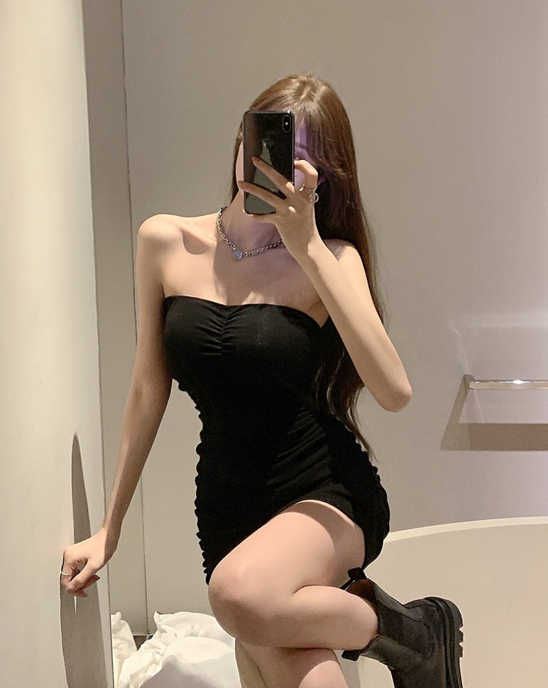 Black Pleated Tube Dress