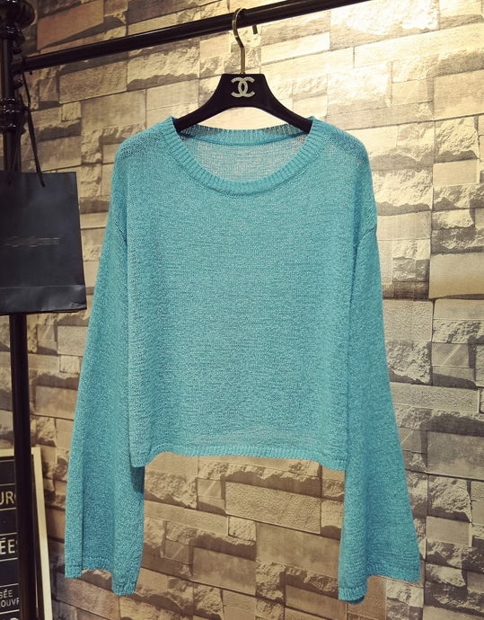 Blue Crewneck Sheer Sweater