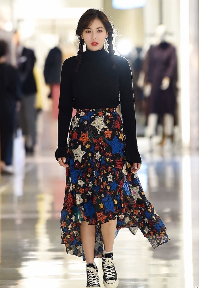 Black Asymmetrical Star Print Skirt
