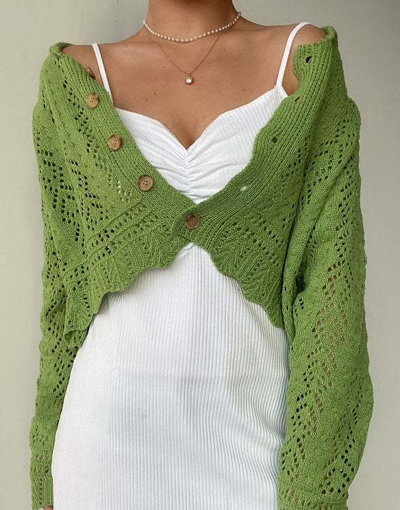 Green Jacquard Mesh Knit Cardigan