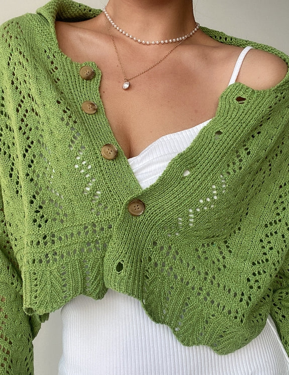 Green Jacquard Mesh Knit Cardigan