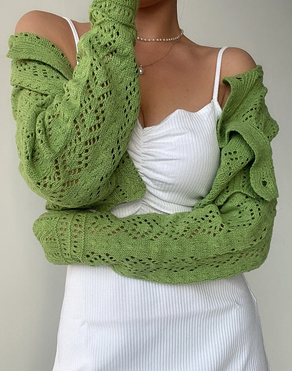Green Jacquard Mesh Knit Cardigan