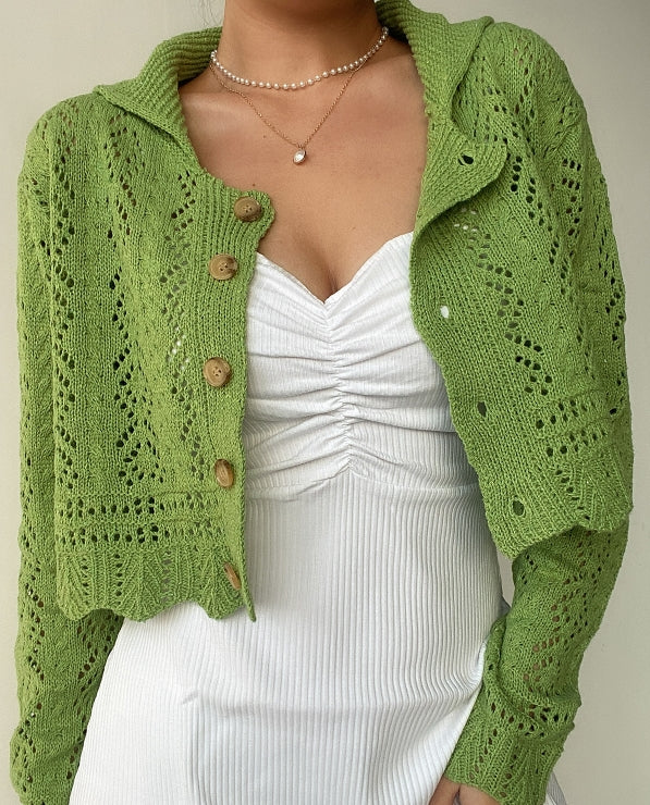 Green Jacquard Mesh Knit Cardigan