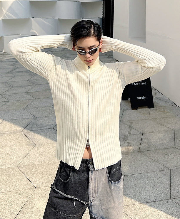 White Knitted Double Zipper Sweater
