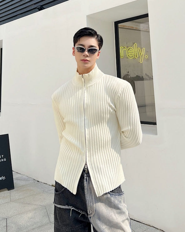 White Knitted Double Zipper Sweater