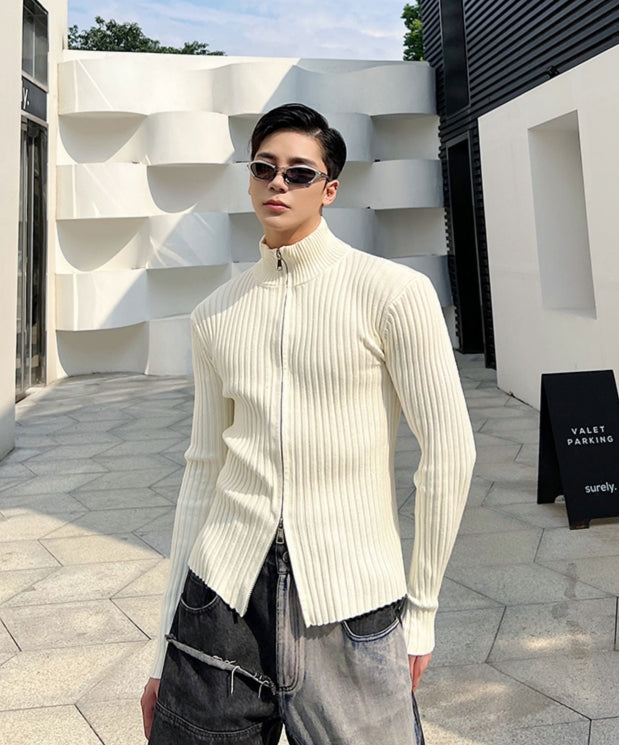 White Knitted Double Zipper Sweater