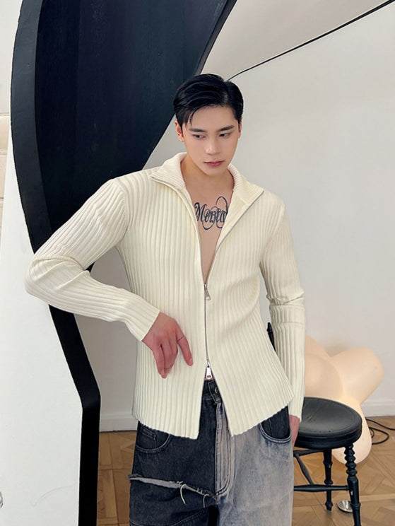 White Knitted Double Zipper Sweater