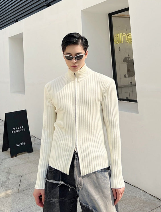 White Knitted Double Zipper Sweater