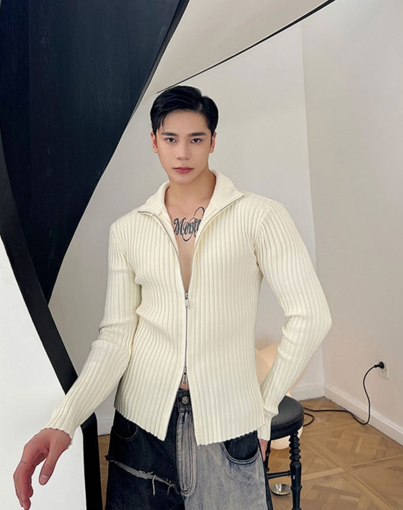 White Knitted Double Zipper Sweater