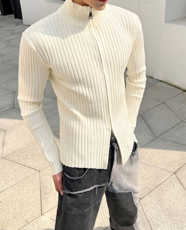White Knitted Double Zipper Sweater