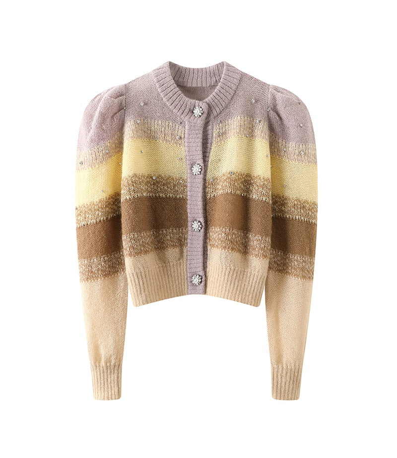 Brown Stripe Jeweled Cardigan