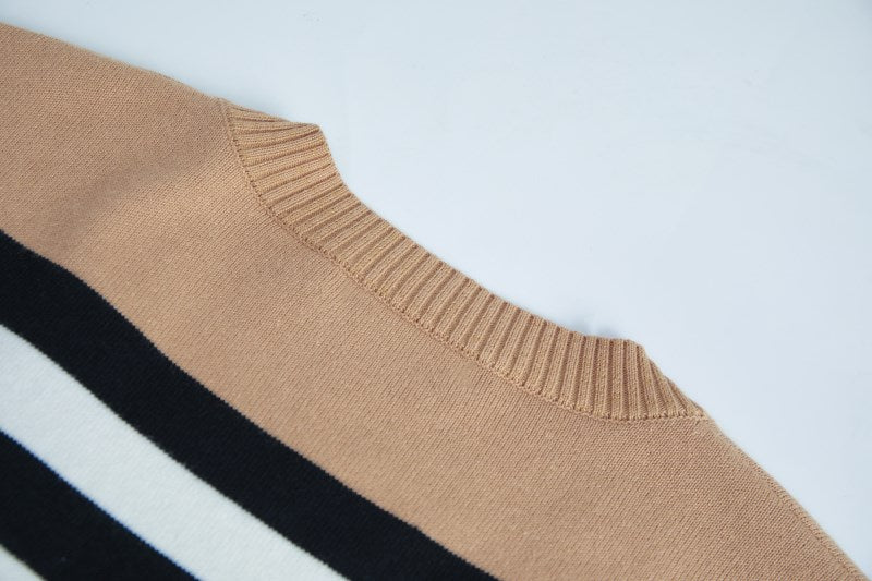 Beige Striped Retro Style Knitted Cardigan
