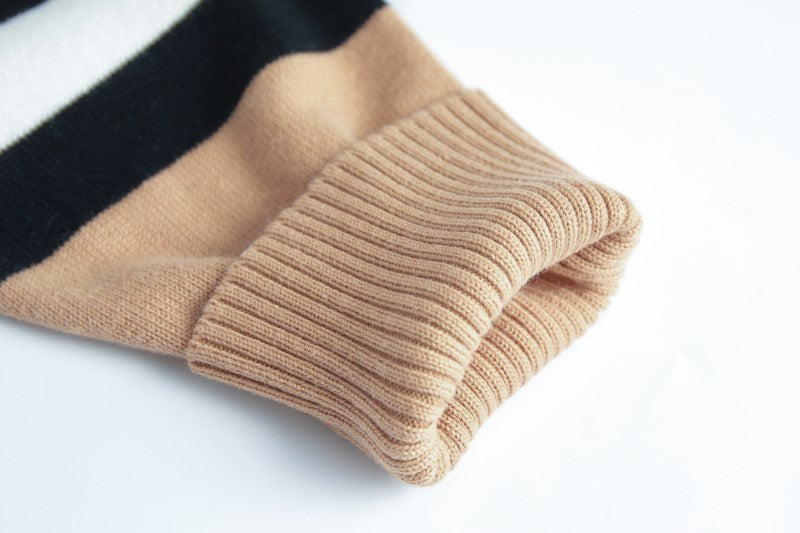 Beige Striped Retro Style Knitted Cardigan