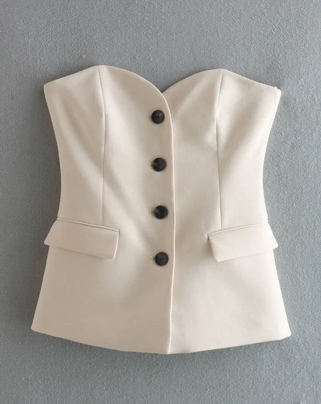 White Sleeveless Bustier Button Down Top