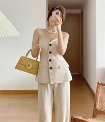 White Sleeveless Bustier Button Down Top