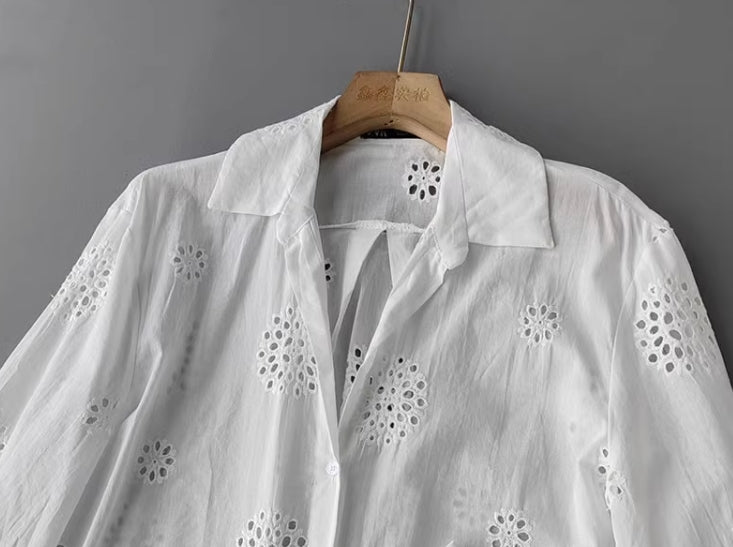 White Cut-Out Embroidery Shirt