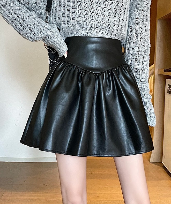 Black Pleated PU Leather Skirt