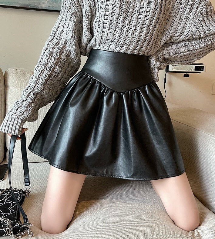 Black Pleated PU Leather Skirt