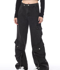 Black Slanted Pocket Cargo Jeans