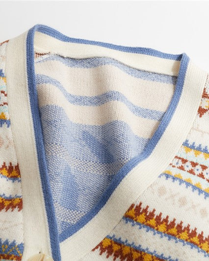 Beige Diamond Pattern Knitted Long Cardigan