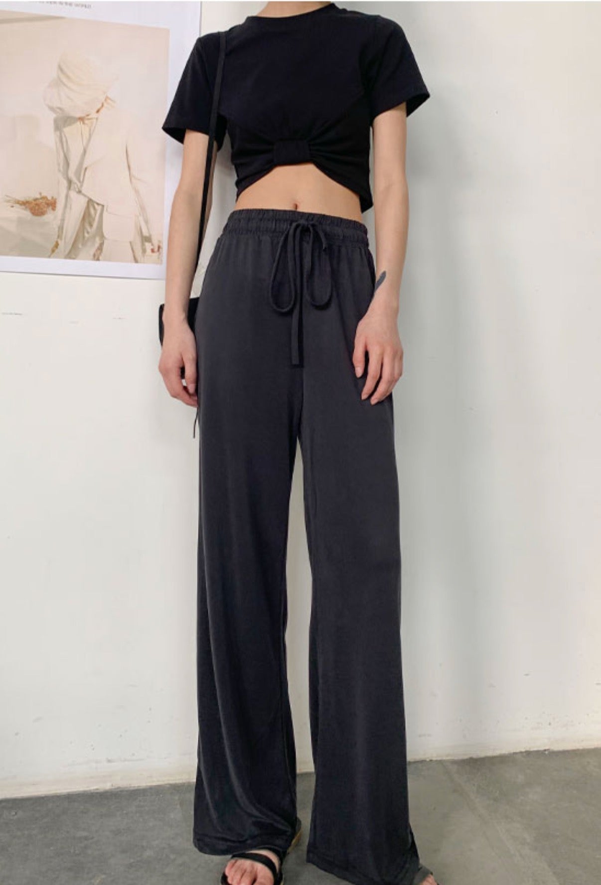 Pitch Black Cropped Knotted T-Shirt