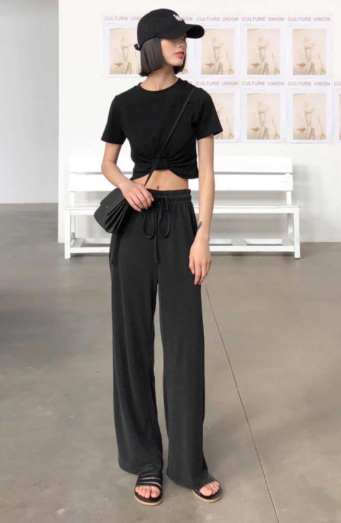 Pitch Black Cropped Knotted T-Shirt