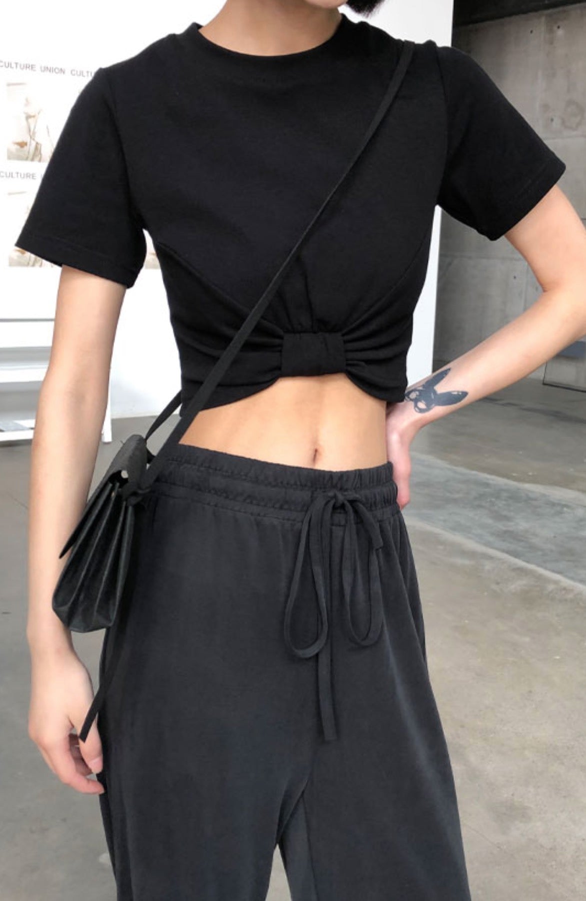Pitch Black Cropped Knotted T-Shirt