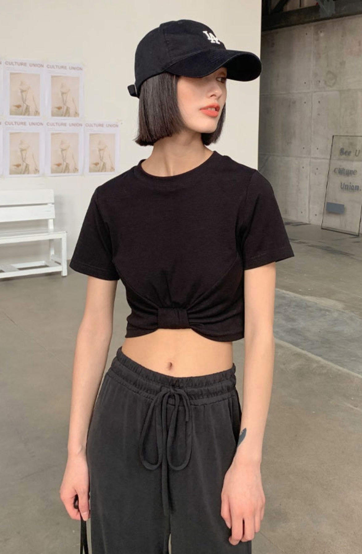 Pitch Black Cropped Knotted T-Shirt