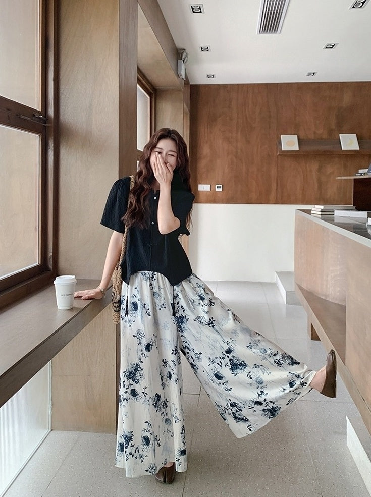 Ink Print Button Top And Wide Leg Pants Set