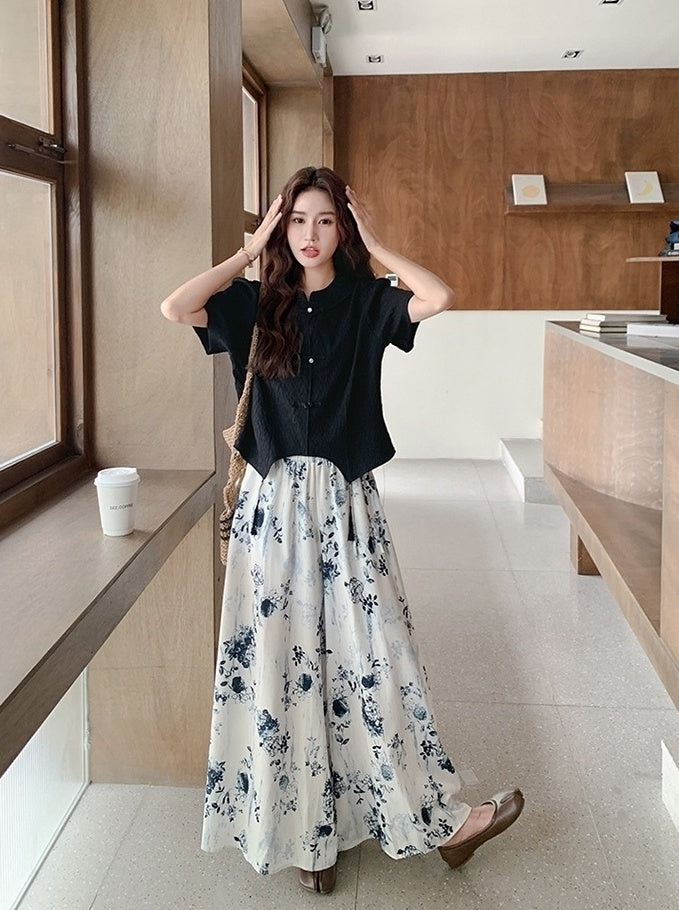 Ink Print Button Top And Wide Leg Pants Set