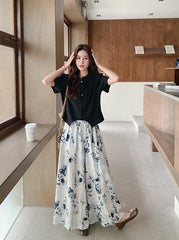 Ink Print Button Top And Wide Leg Pants Set
