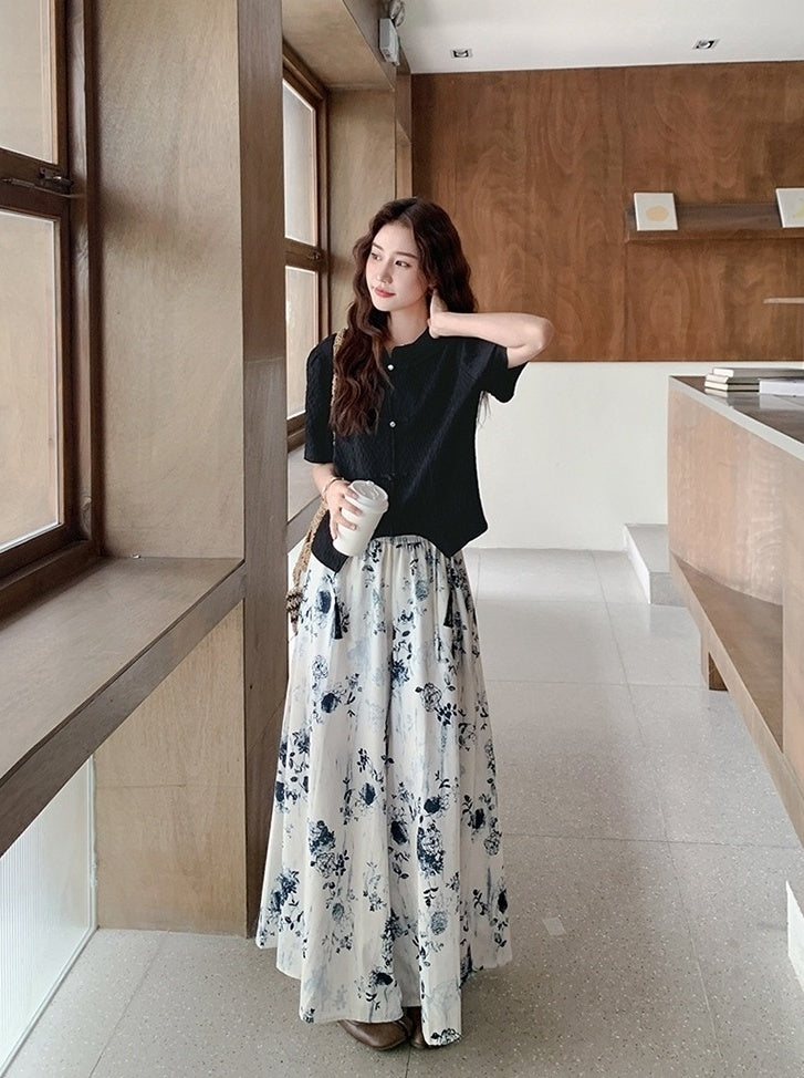 Ink Print Button Top And Wide Leg Pants Set