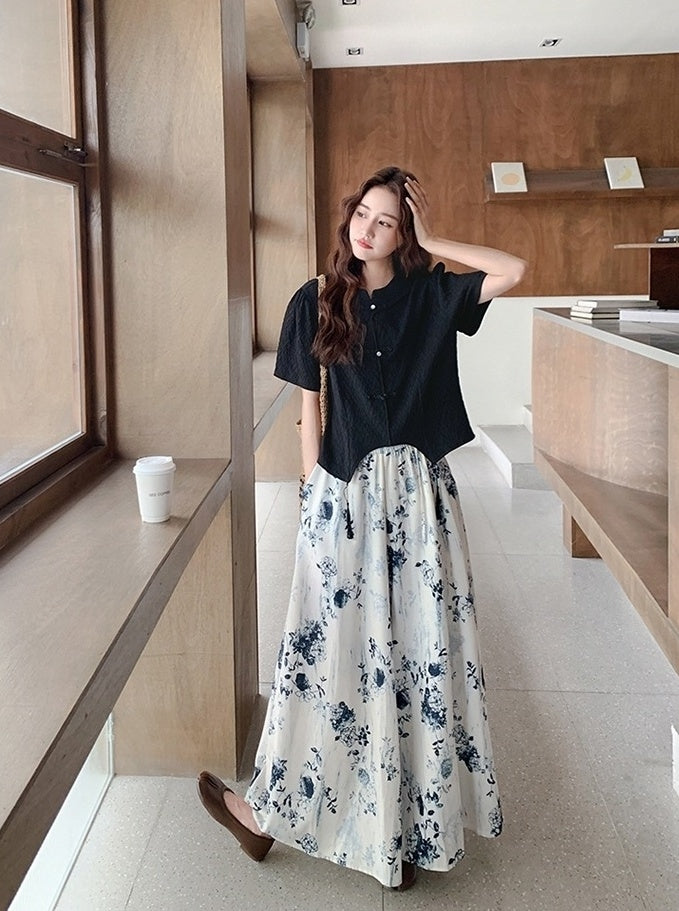 Ink Print Button Top And Wide Leg Pants Set