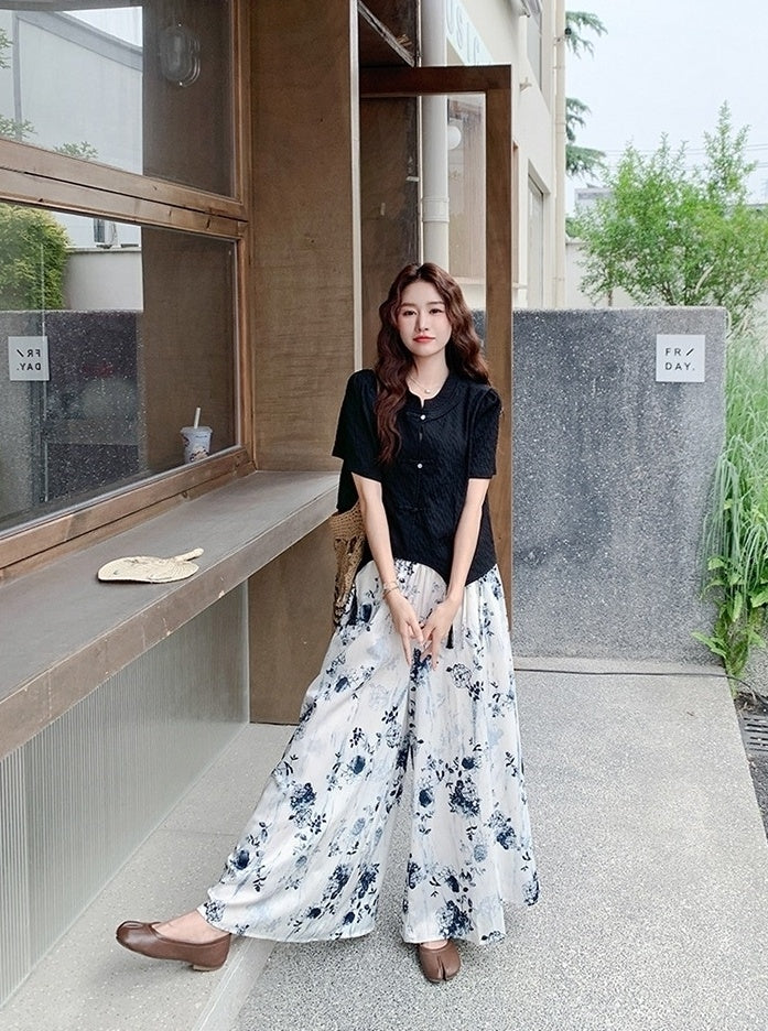 Ink Print Button Top And Wide Leg Pants Set