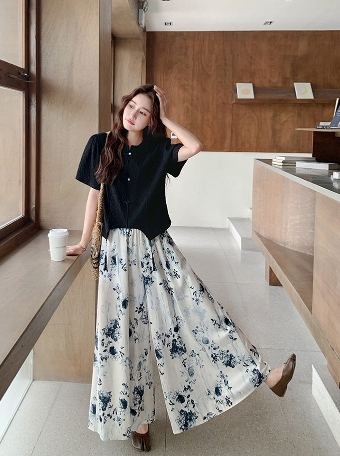 Ink Print Button Top And Wide Leg Pants Set