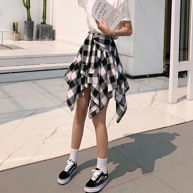 Black & White Plaid Tie Skirt