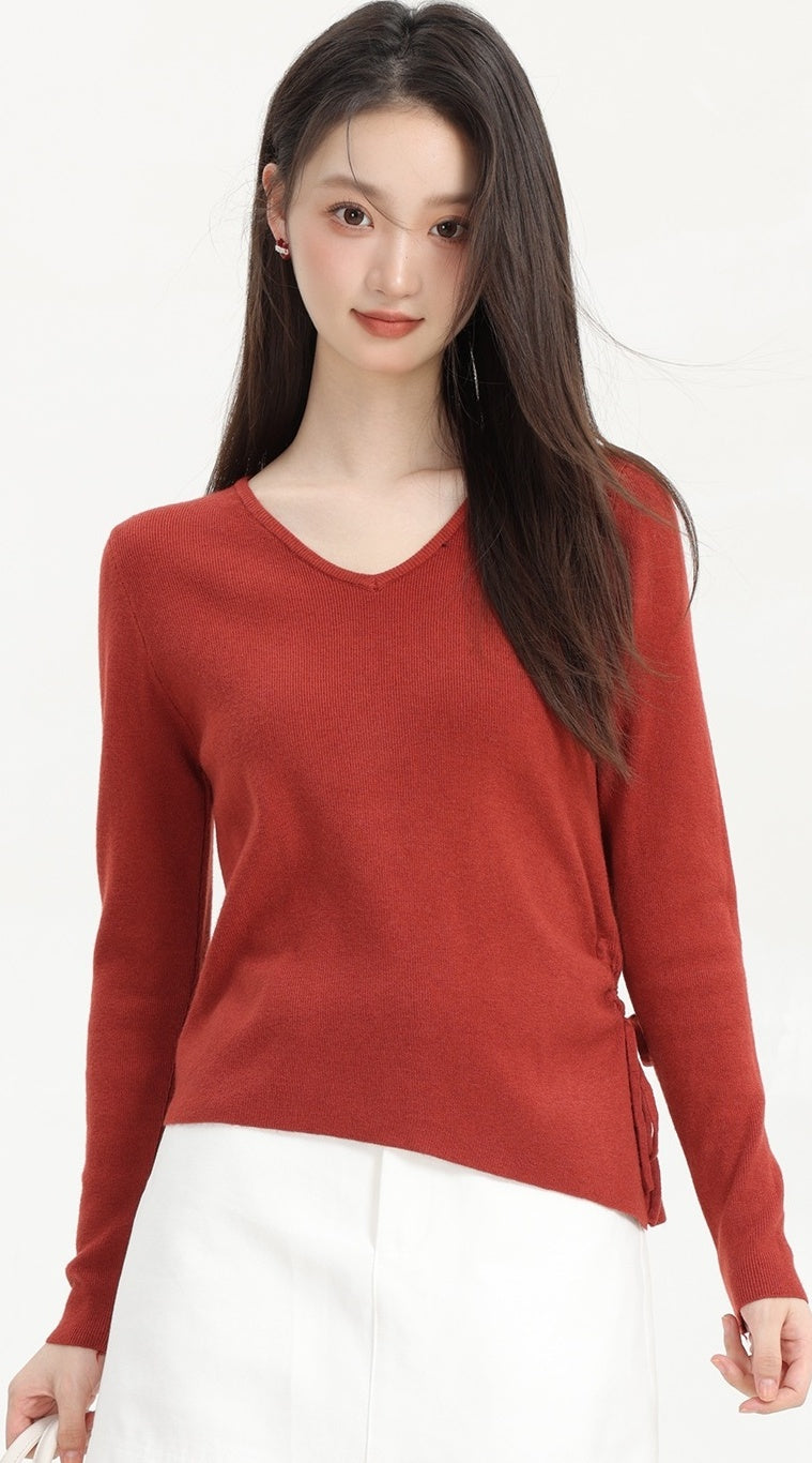 Red V-Neck Plain Sweater