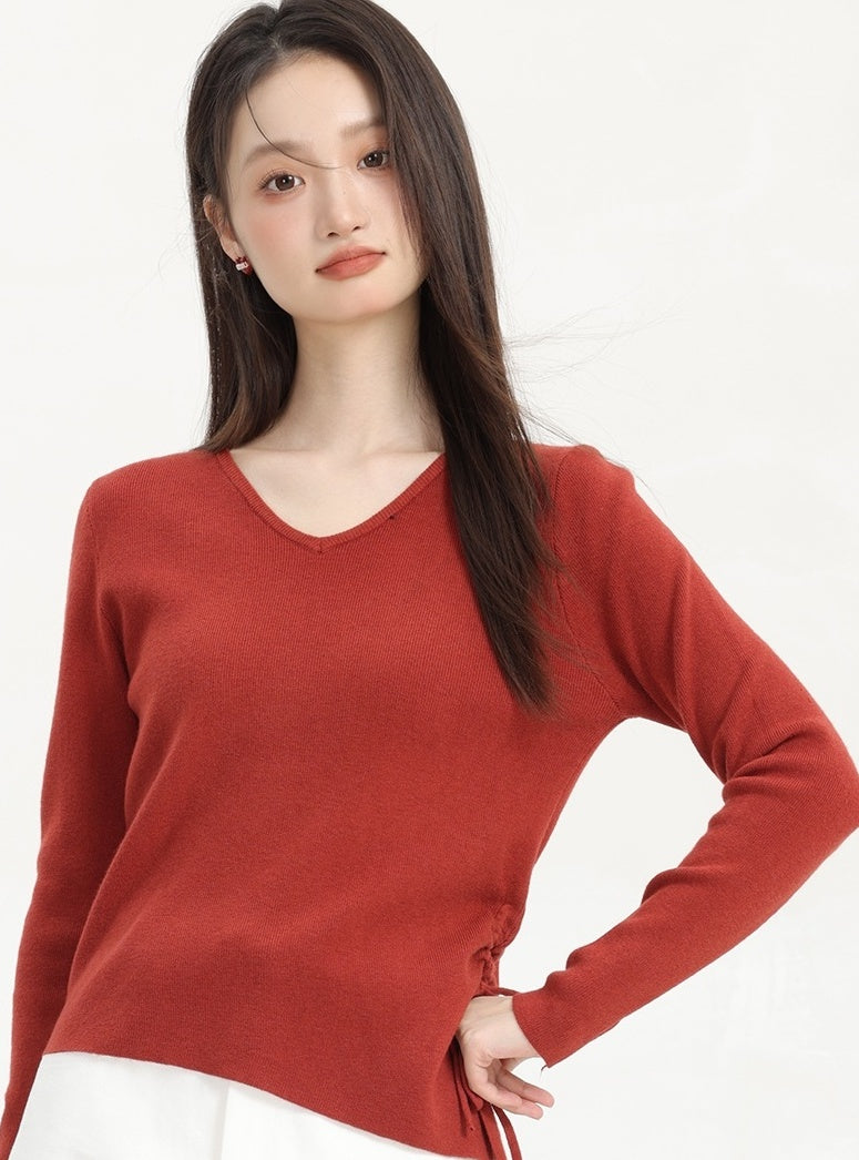 Red V-Neck Plain Sweater
