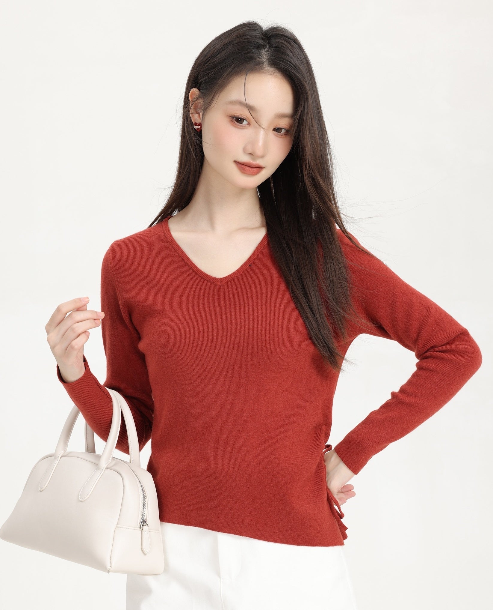 Red V-Neck Plain Sweater