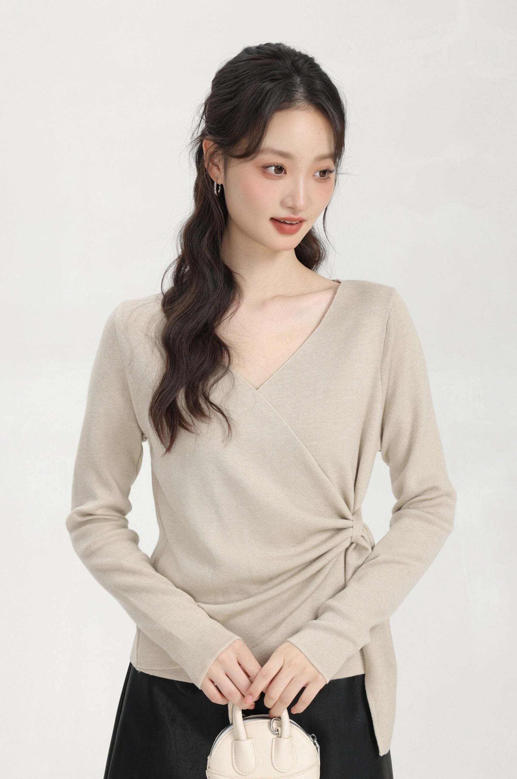 Beige Irregular Cross V-Neck Sweater