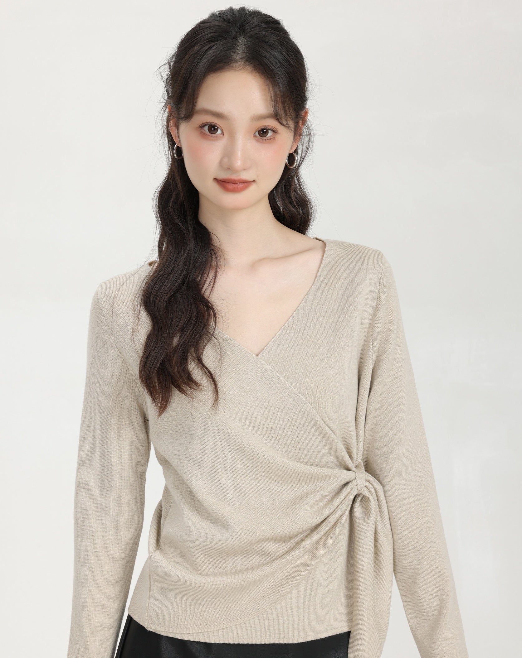 Beige Irregular Cross V-Neck Sweater