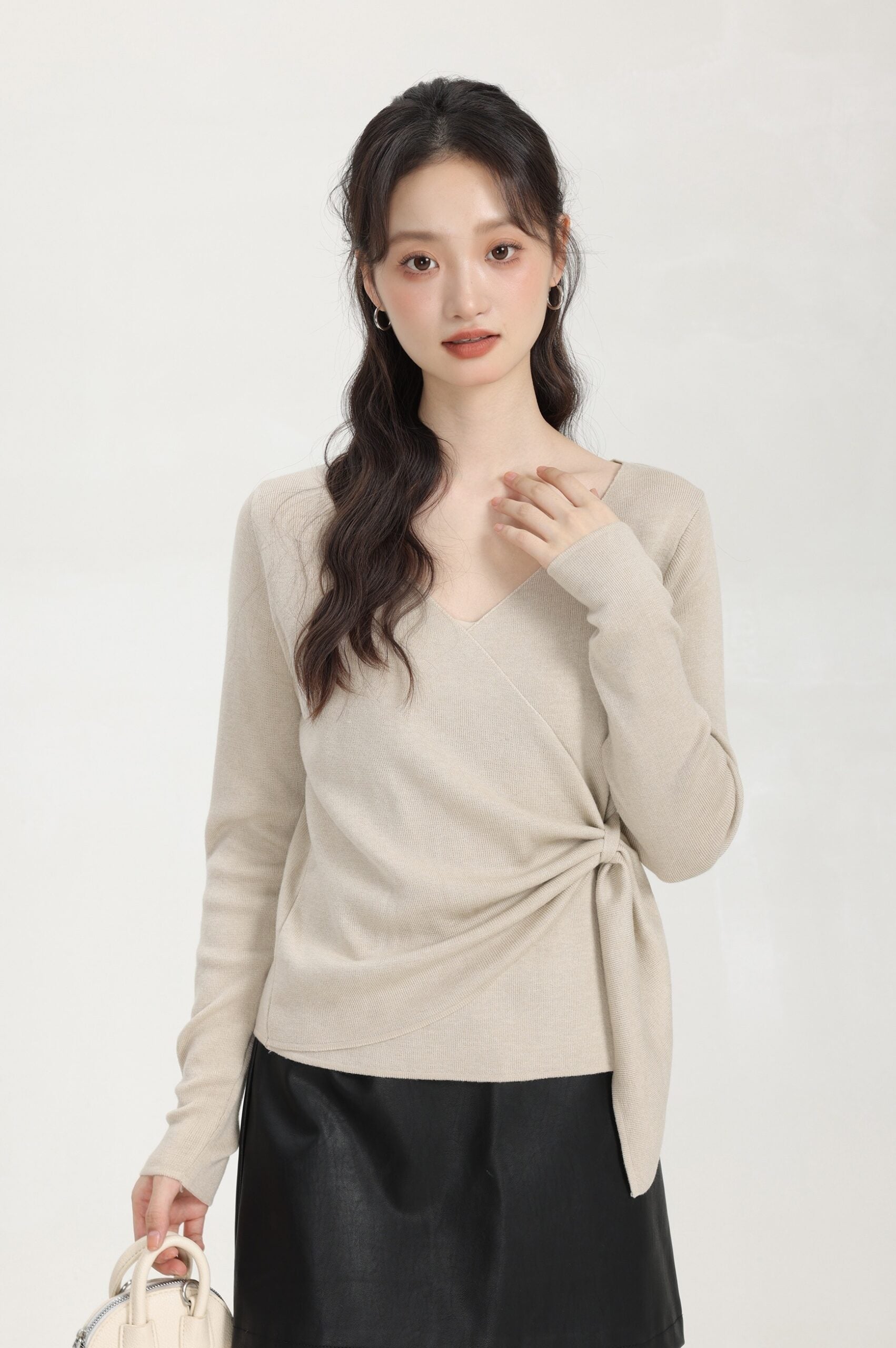 Beige Irregular Cross V-Neck Sweater