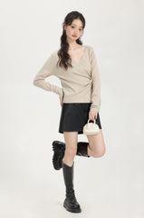 Beige Irregular Cross V-Neck Sweater