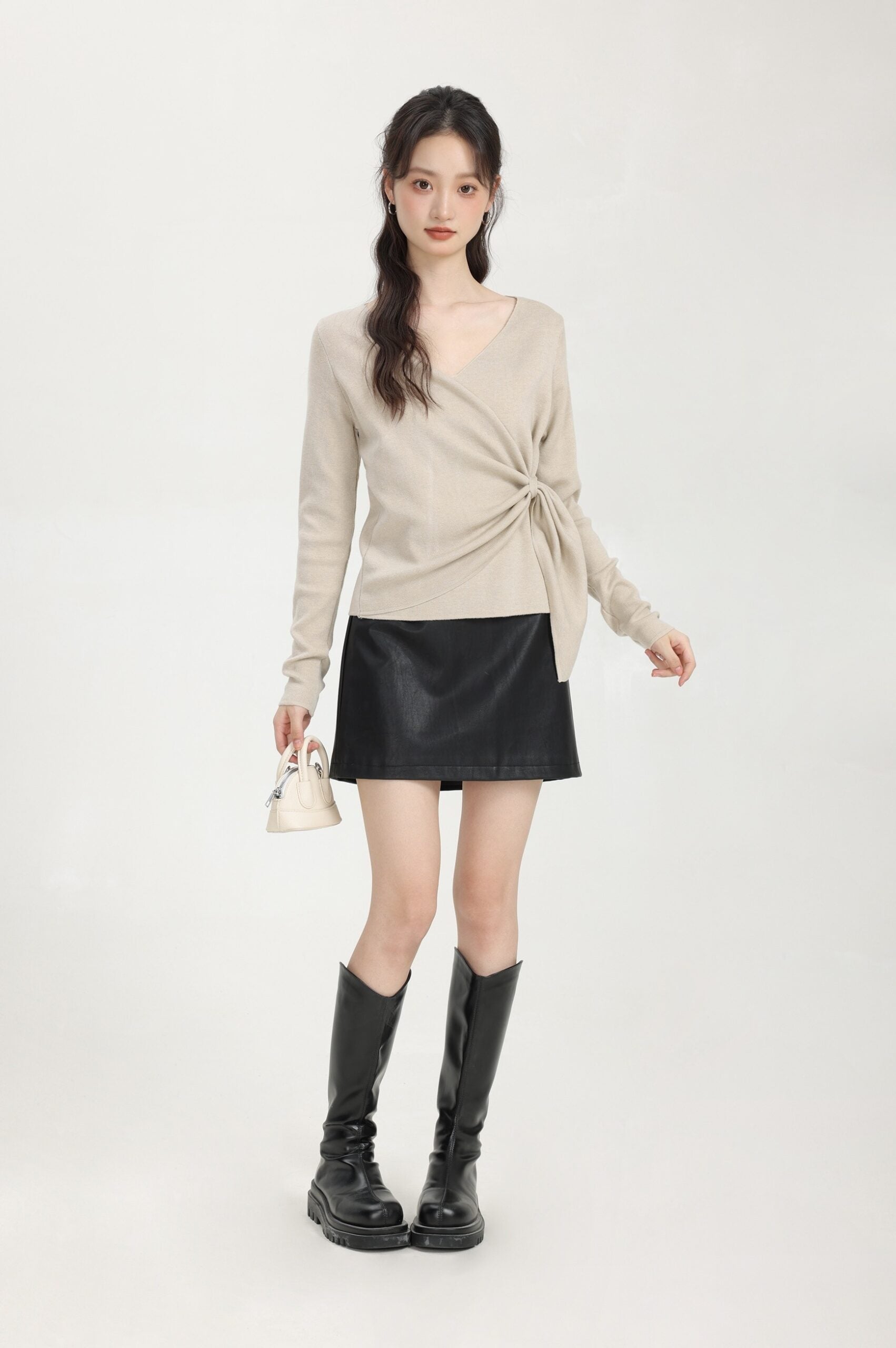 Beige Irregular Cross V-Neck Sweater