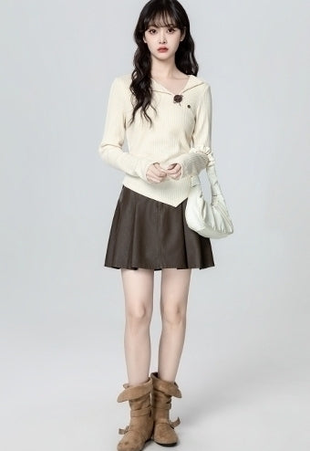 Ivory Asymmetrical Collar Long Sleeve T Shirt