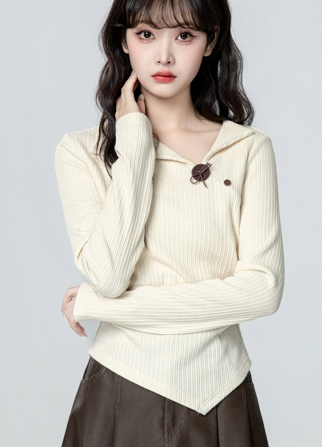 Ivory Asymmetrical Collar Long Sleeve T Shirt