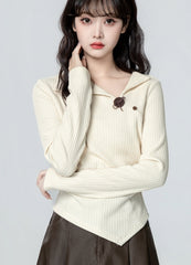 Ivory Asymmetrical Collar Long Sleeve T Shirt